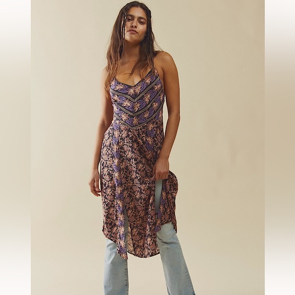 NWOT Free People XS midi boho dress long top purple black floral abstract split - Picture 1 of 10